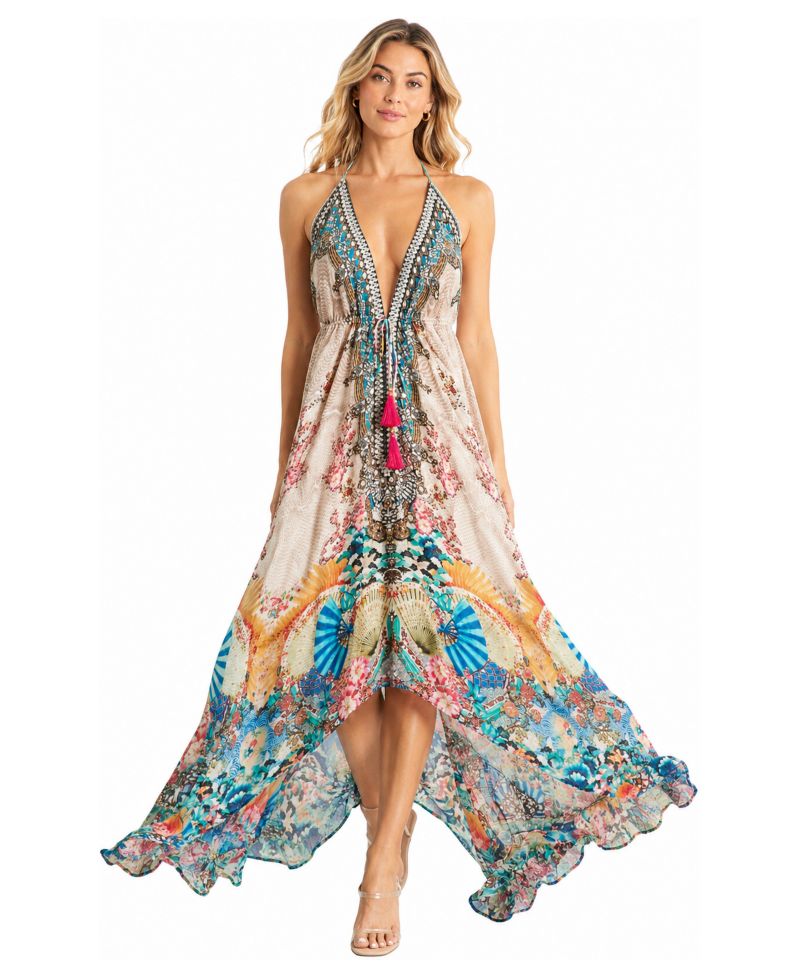 Women's Floral Halter Plunge Maxi Dress