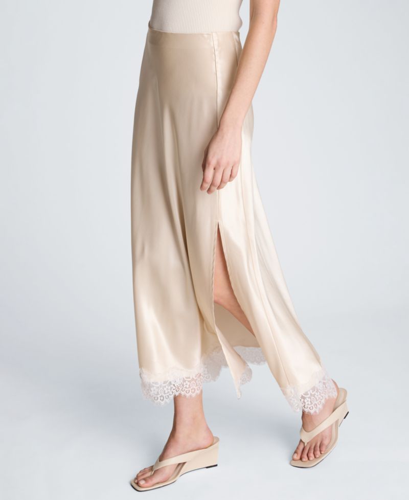 Women's Pull on Lace Trim Satin Midi Skirt