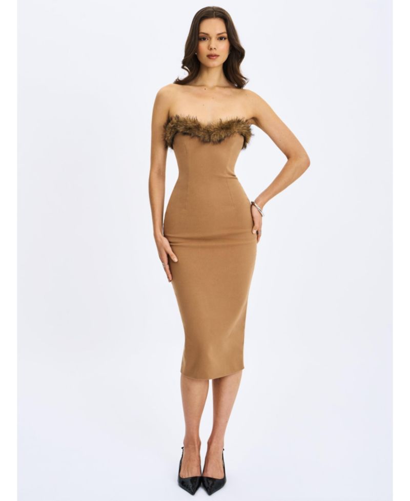 Women's Rayanne Chestnut Strapless Faux Fur-Trimmed Sweetheart Maxi Dress