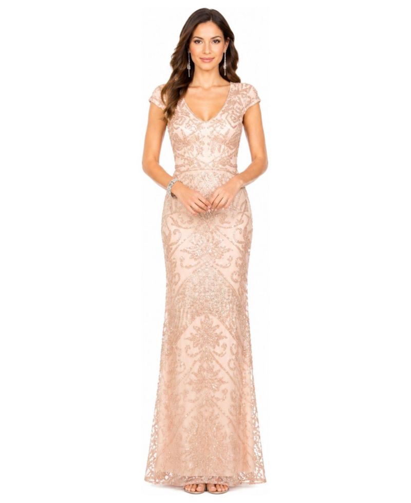 Plus Size Cap-Sleeve Beaded Fringe Gown