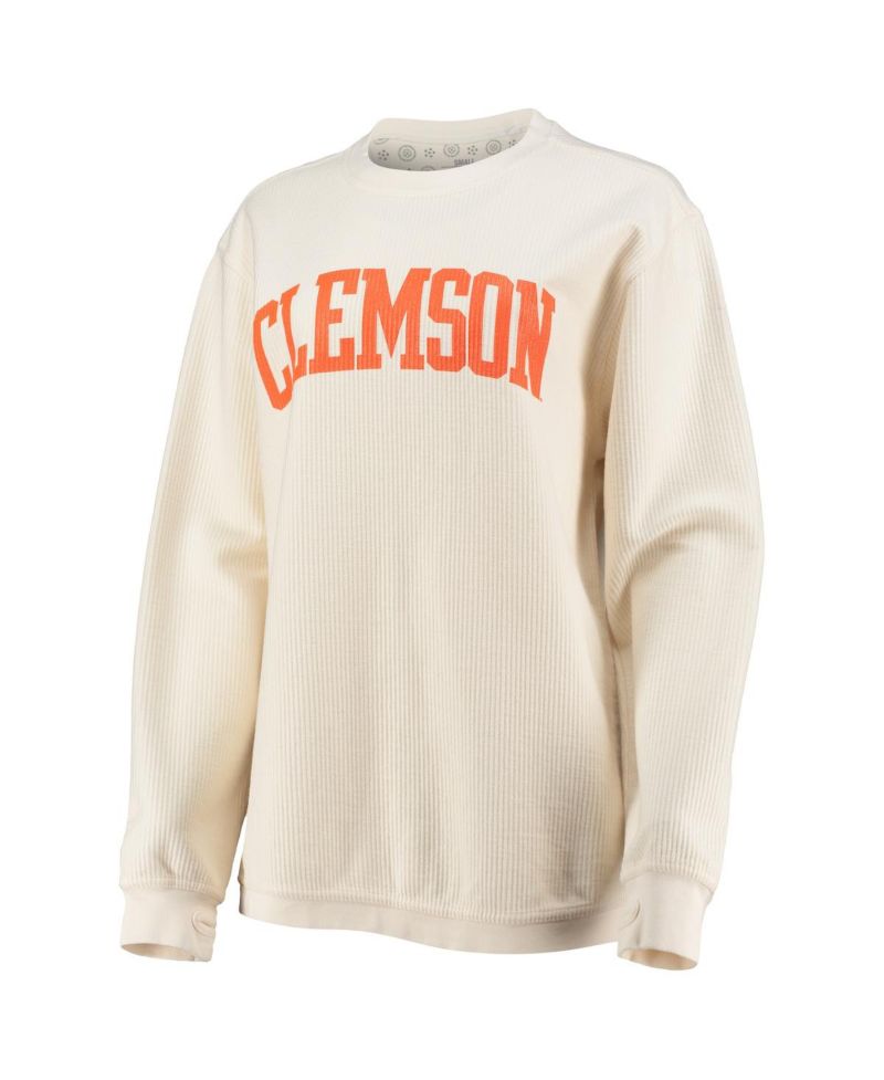 Women's White Clemson Tigers Comfy Cord Vintage-Like Wash Basic Arch Pullover Sweatshirt