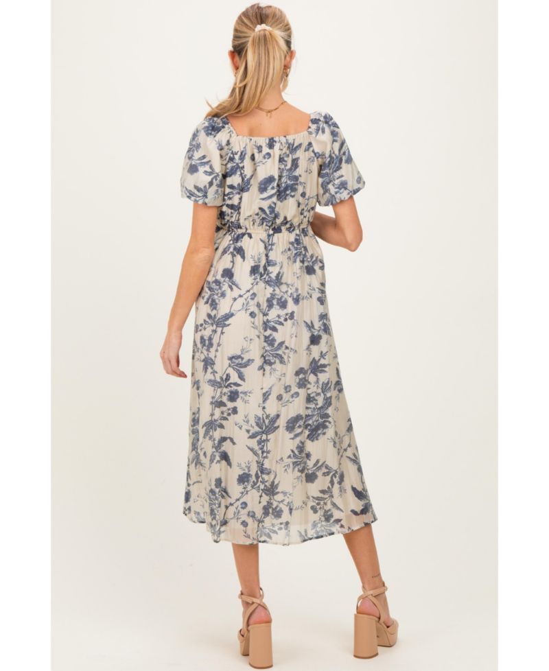 Women's Navy Blue Floral Square Neck Puff Sleeve Midi Dress