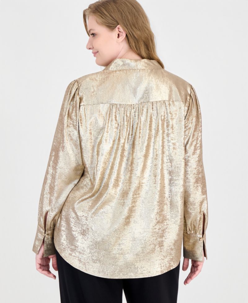 Plus Size V-Neck Pleat-Front Long-Sleeve Blouse