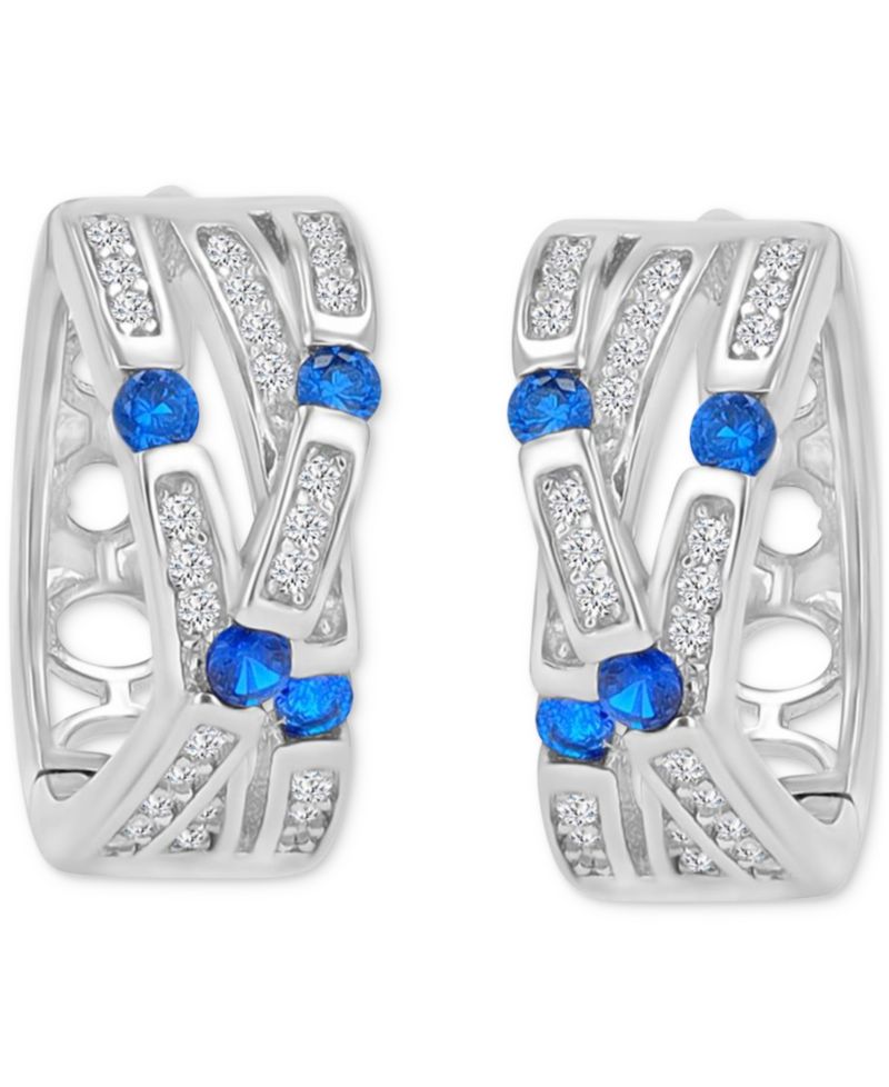 Blue Cubic Zirconia Pav&eacute; Three-Row Overlapped Huggie Earrings in Sterling Silver