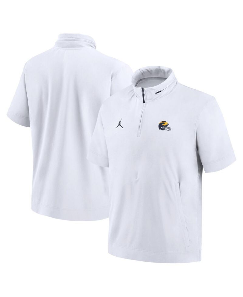 Men's White Michigan Wolverines 2024 Sideline Coach Short Sleeve Half-Zip Hoodie Jacket