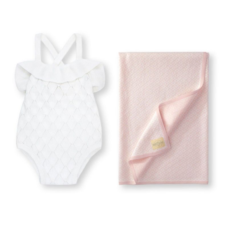 Baby Girls Hope and Henry Ruffle Sweater Romper and Jacquard Blanket Gift Set