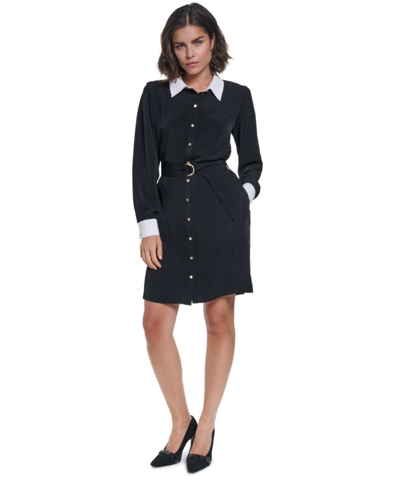 Women's Belted Contrast-Collar Shirtdress