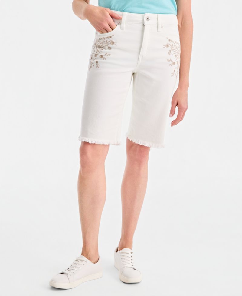 Women's Embroidered Mid-Rise Raw-Edge Bermuda Shorts