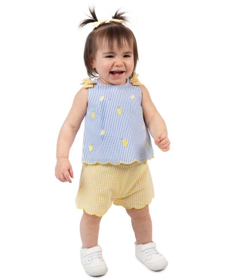 Baby Girls' Striped Seersucker Top and Elastic Waistband Shorts, 2-Piece Set