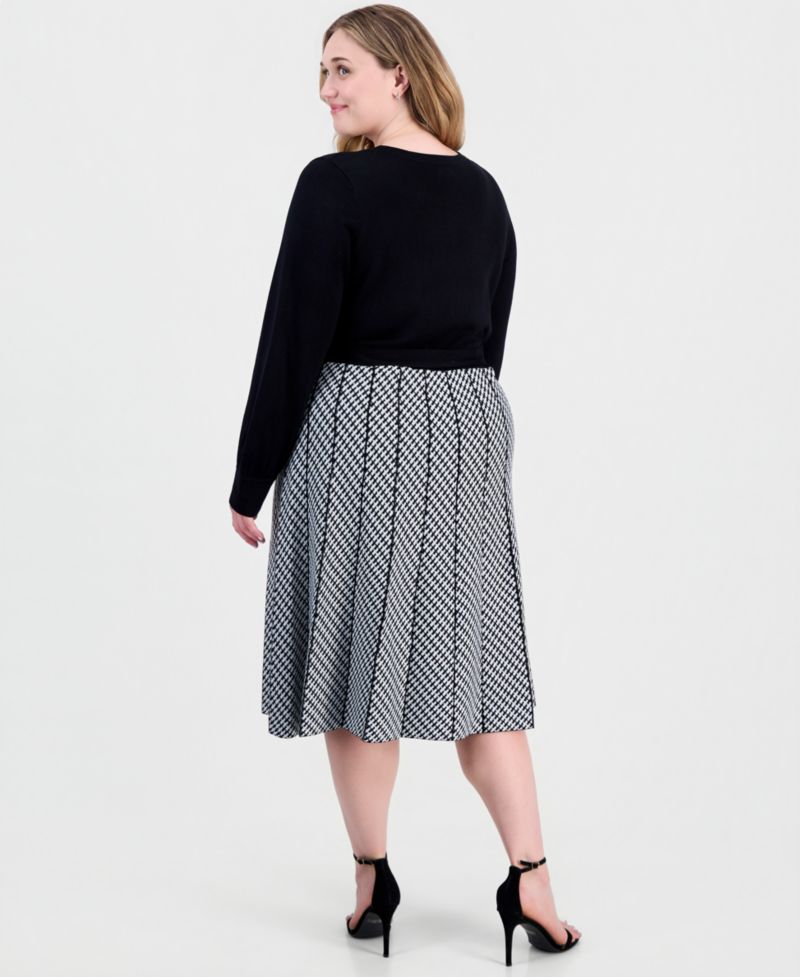 Plus Size Combo Skirt Long-Sleeve Knit Midi A-Line Dress