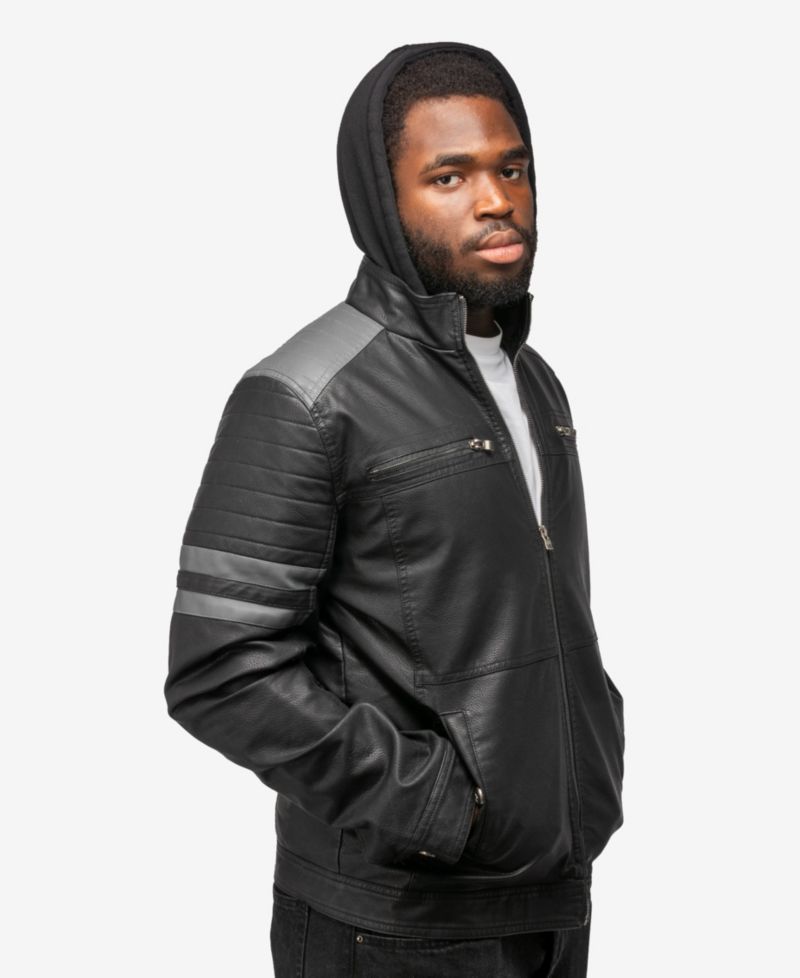 XRAY Men's Grainy PU Leather Hooded Jacket With Faux Shearling Lining