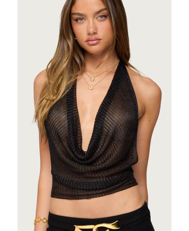 Women's Shiny Knit Cowl Neck Backless Top