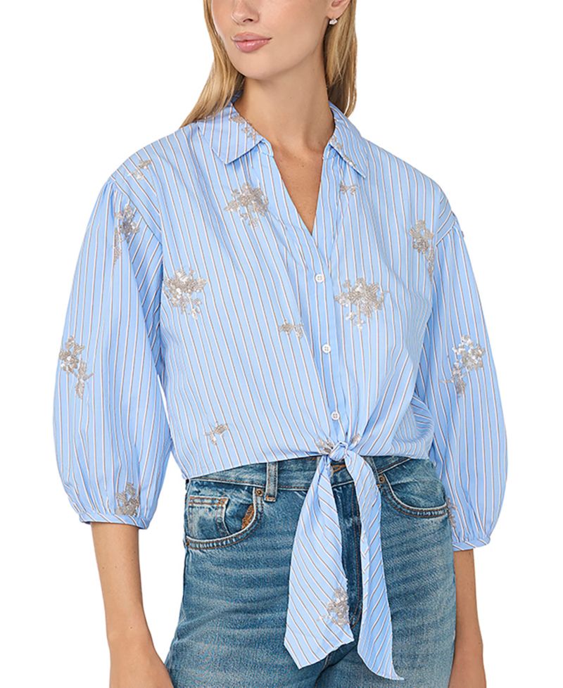 Women's Sequin Motif Balloon 3/4-Sleeve Tie-Hem Button-Down Top