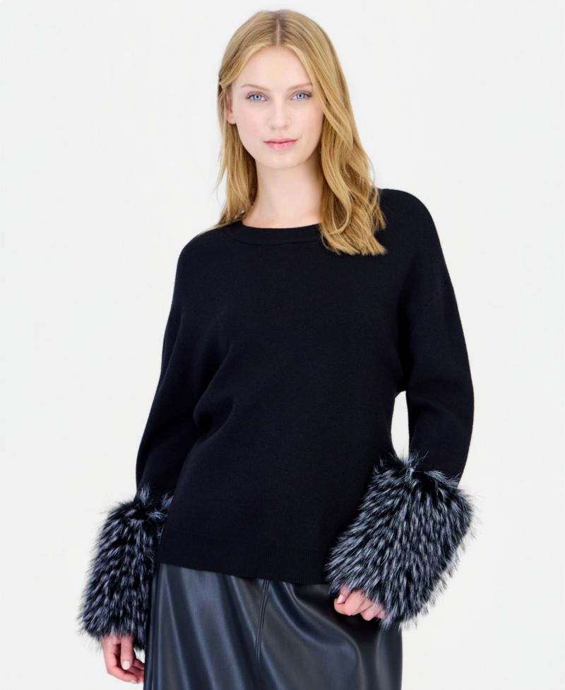 Women's Long-Sleeve Crewneck Faux-Fur Trim Pullover Sweater
