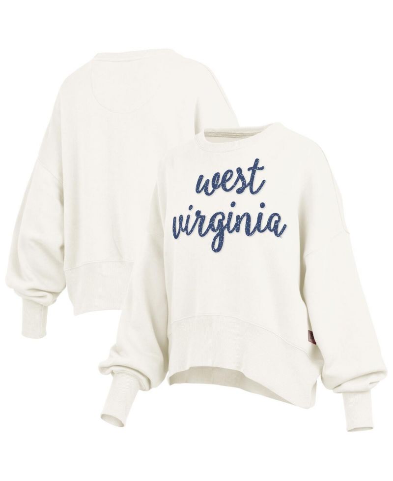 Women's Cream West Virginia Mountaineers Oversized Chelsea Waist Length Pullover Sweatshirt