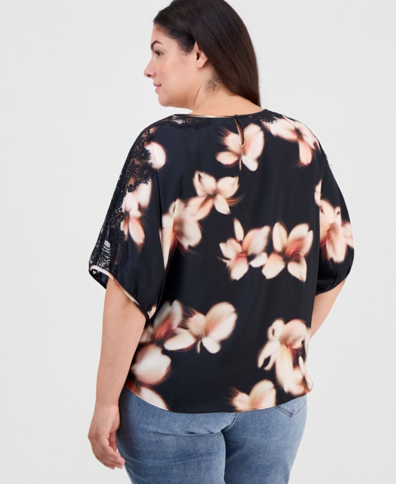 Plus Size Inset Lace Dolman Floral Blouse