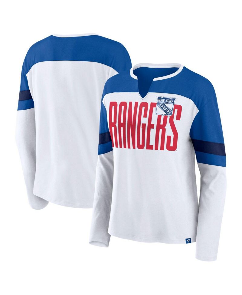 Women's White/Blue New York Rangers Frozen Long Sleeve Notch Neck T-Shirt