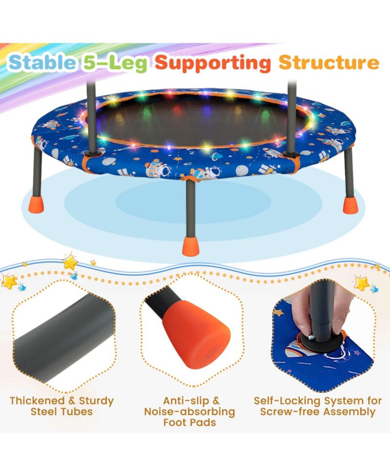 36'' Mini Toddler Trampoline w/ LED Bluetooth Speaker Detachable Handle Kids Gifts