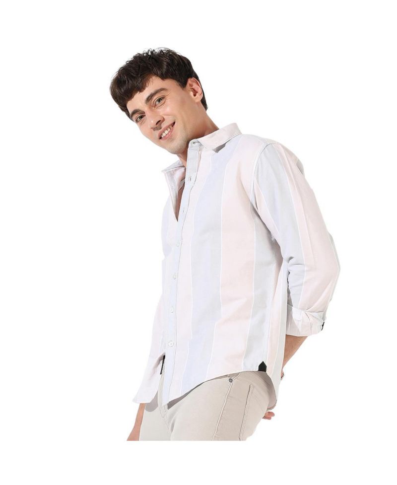 Men's White And Blue Striped Regular Fit Casual Shirt