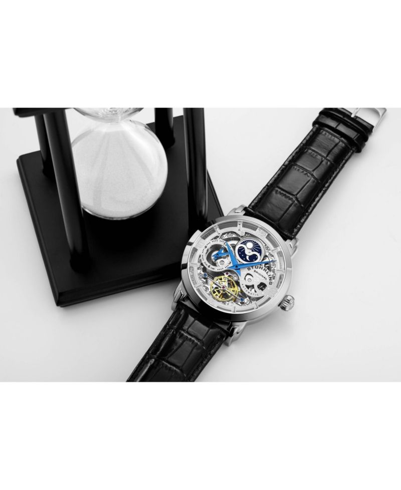 Anatol Automatic Skeleton Dual-Time Black Leather Watch, 47mm