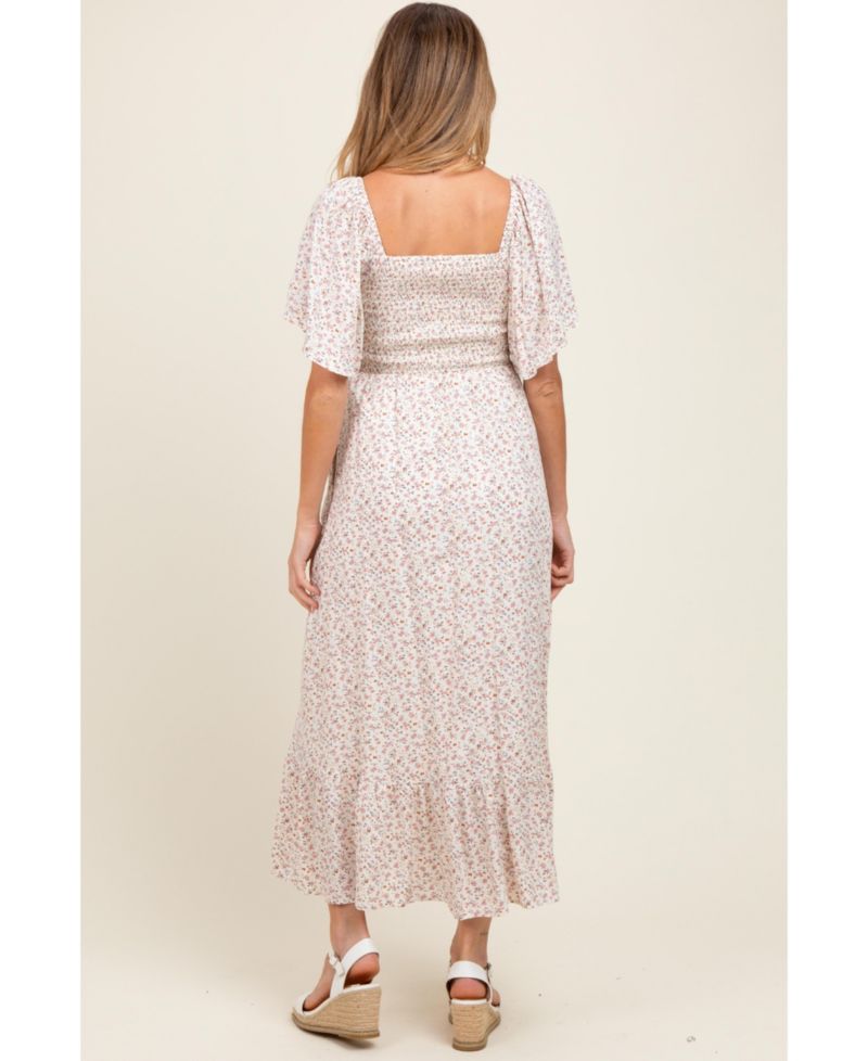 Women's Cream Multi Ditsy Floral Smocked Midi Dress