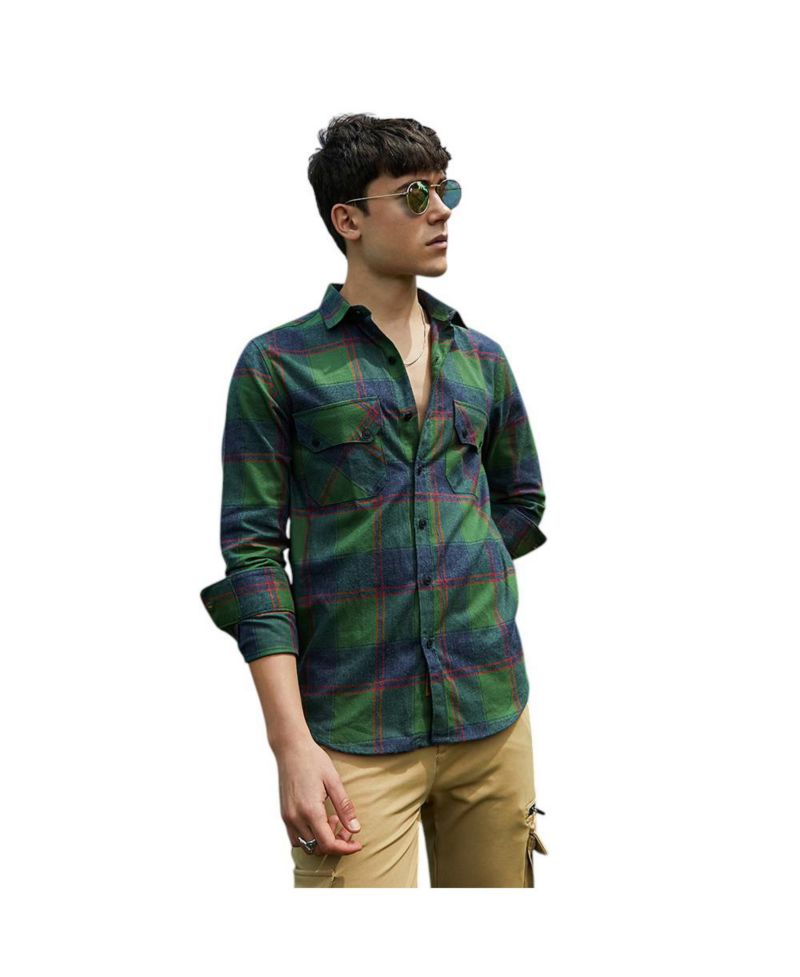 Men's Forest Green & Indigo Blue Buffalo Check Utility Shirt