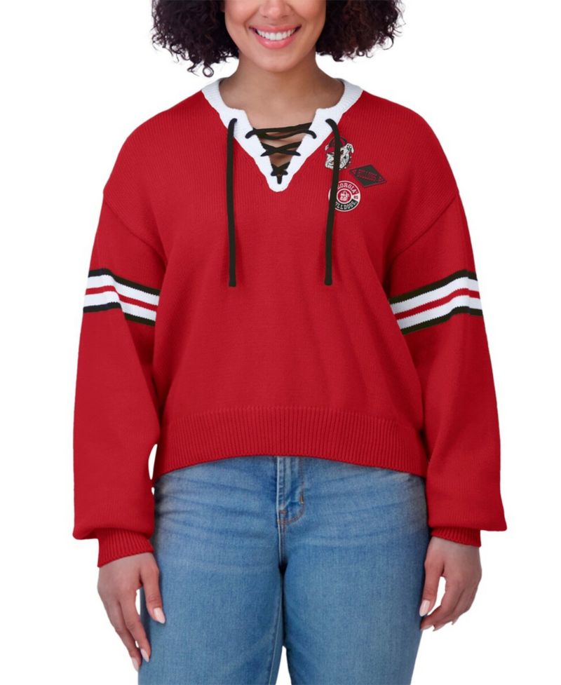 Women's Red Georgia Bulldogs Lace-Up Pullover Sweater