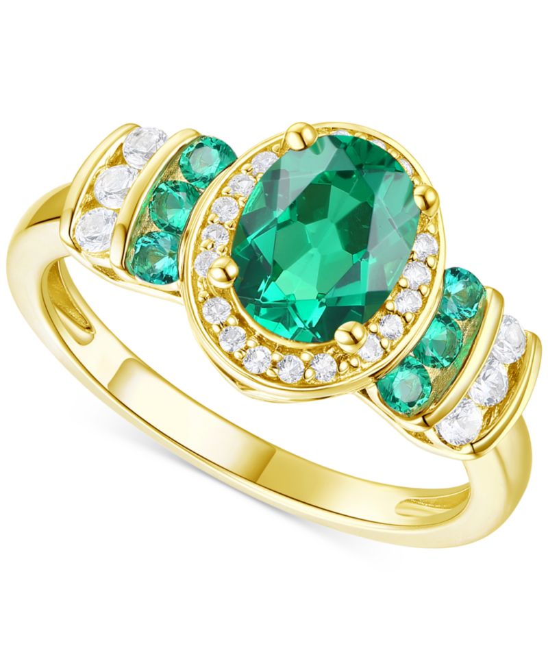Lab-Grown Emerald (1-1/6 ct. t.w.) & Lab-Grown White Sapphire (1/4 ct. t.w.) Oval Halo Ring in 14k Gold-Plated Sterling Silver (Also in Additional Gemstones)