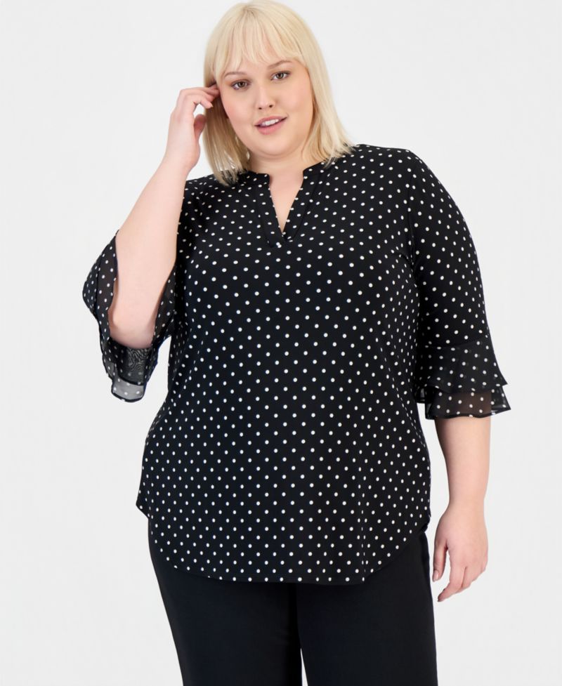 Plus Size Dot-Print Flutter-Sleeve Blouse