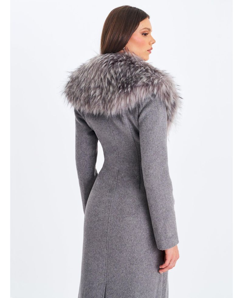 Women's Faye Grey Wool Blend Single-Breasted Coat with Removable Faux Fur Collar