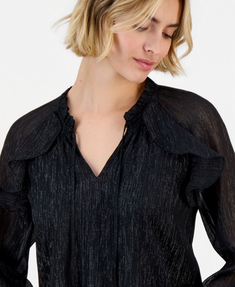 Women's Ruffle Raglan Long-Sleeve V-Neck Chiffon Blouse