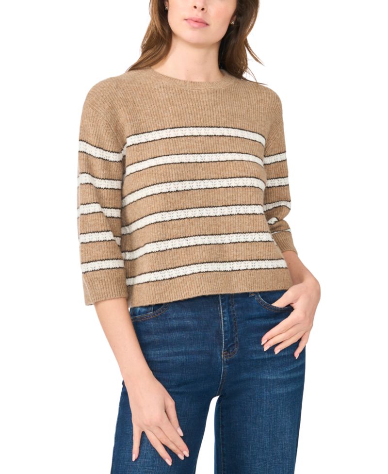 Women's Stripe Pointelle 3/4-Sleeve Crewneck Sweater