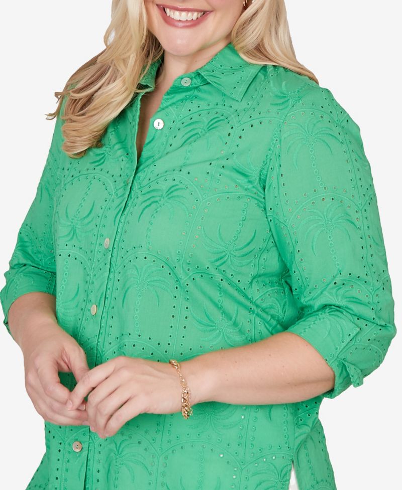 Petite Resort Living Eyelet Palm Tree Button-Front Top