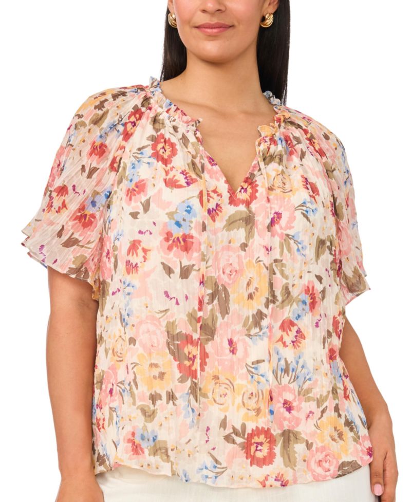 Plus Size Floral Chiffon Ruffle Blouse
