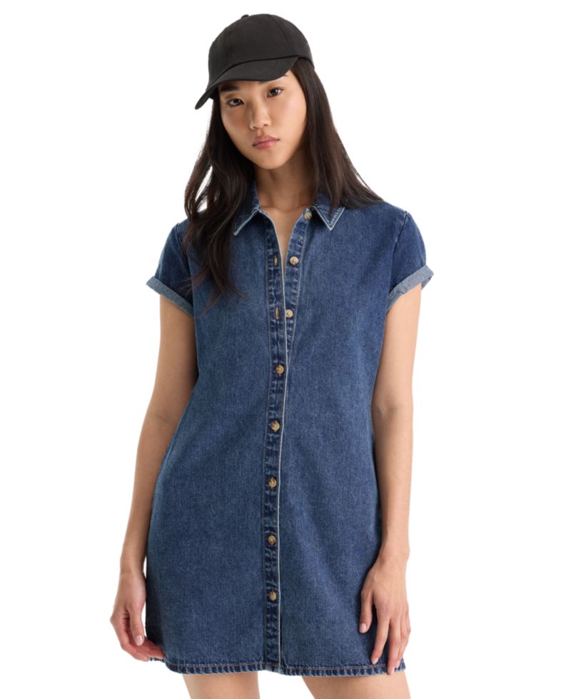 Women's Collared Denim Fit-and-Flare Polo Dress