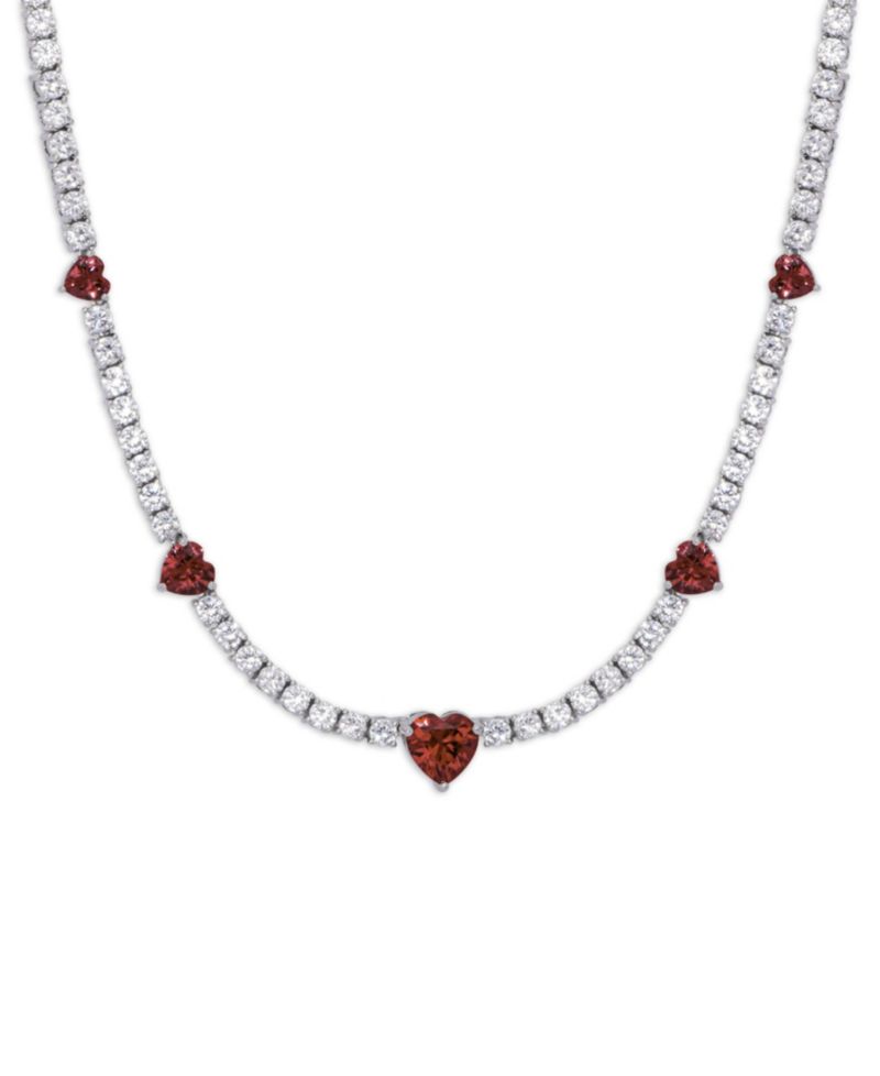 Simulated Ruby and Cubic Zirconia Heart Station Necklace in Fine Silver Plate