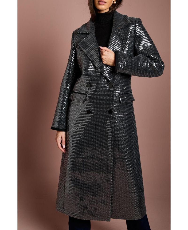 Women's Faux Fur Collar Sequin Longline Coat