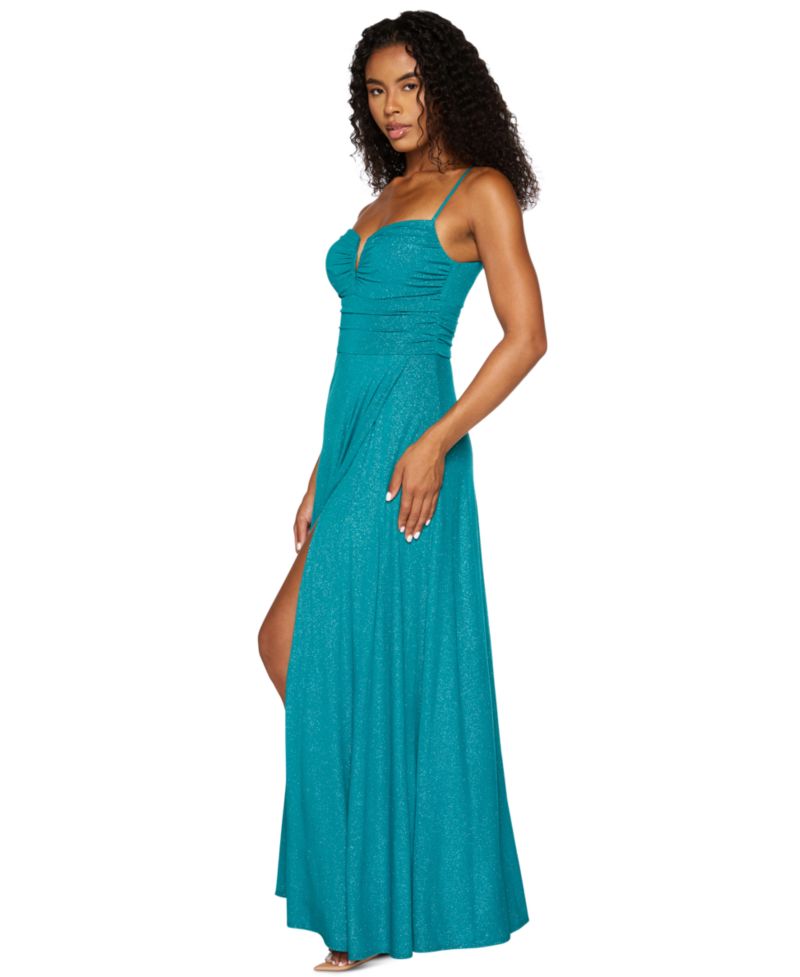 Juniors' Glitter Ruched-Bodice Front-Slit Gown