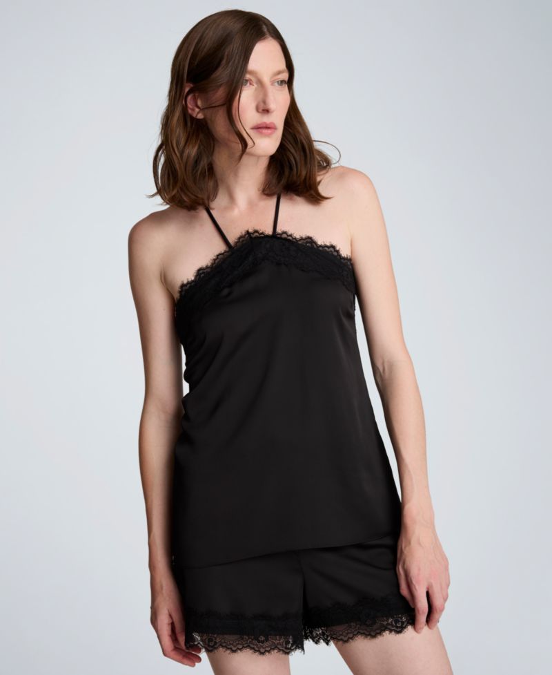 Women's Solid Satin Sleeveless Halter with Lace Trim