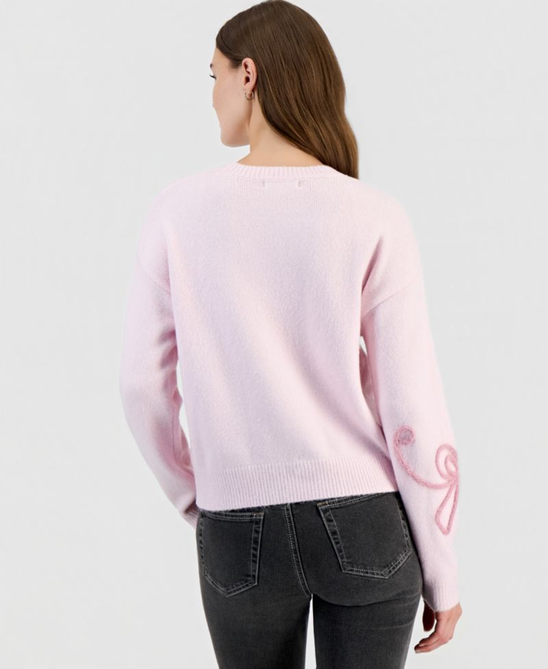 Juniors' Feather Soutache Bow Long-Sleeve Crewneck Sweater