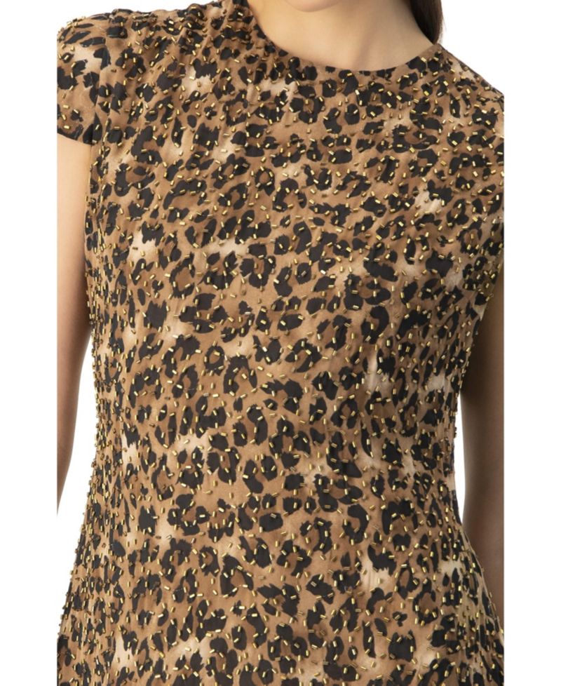 Women's Short Beaded Cap Sleeve Dress with Round Neck