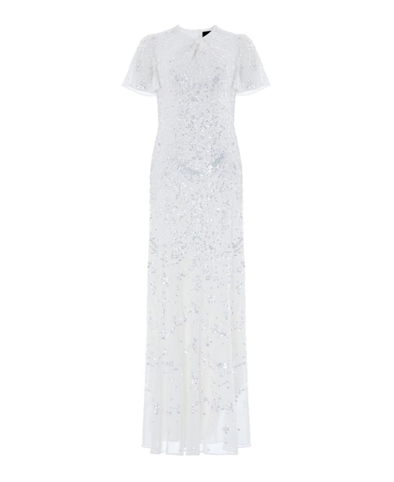 Women's Freya Georgette Sequin Flutter-Sleeve Maxi Gown