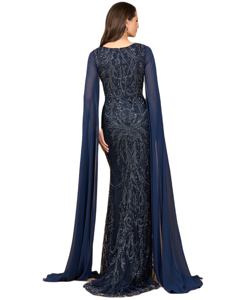 Women's High Neck Gown with Chiffon Cape Sleeves