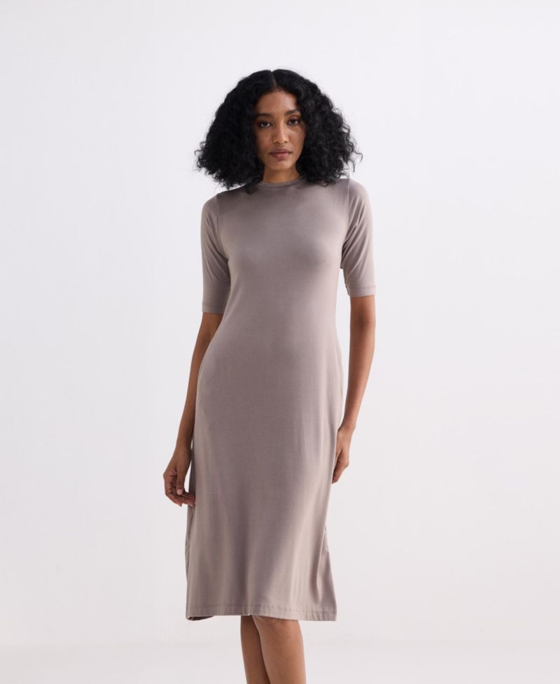 Women's High Crew Neck Elbow Sleeves Fitted Dress in Dusty Brown