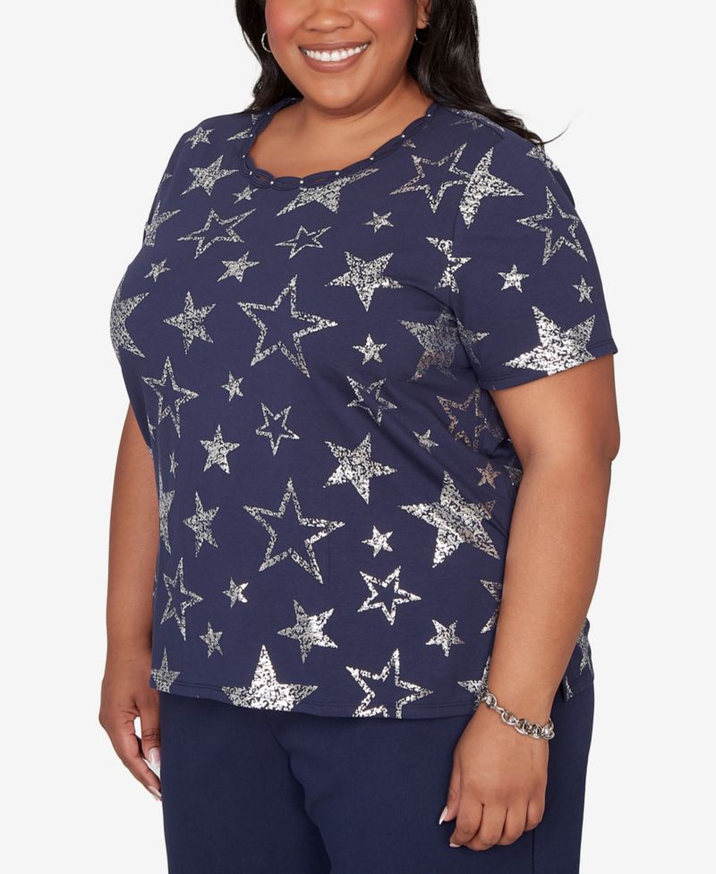 Plus Size Lady Liberty Sparkling Foil Stars Crewneck T-Shirt