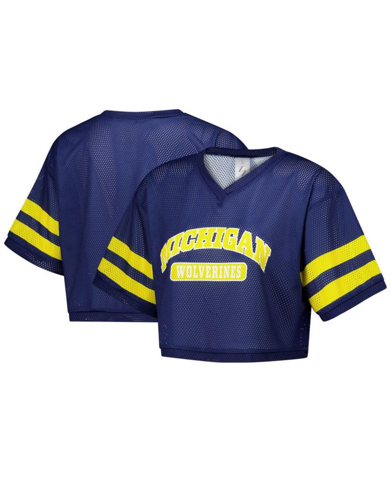 Women's Navy Michigan Wolverines Mesh Cropped V-Neck T-Shirt