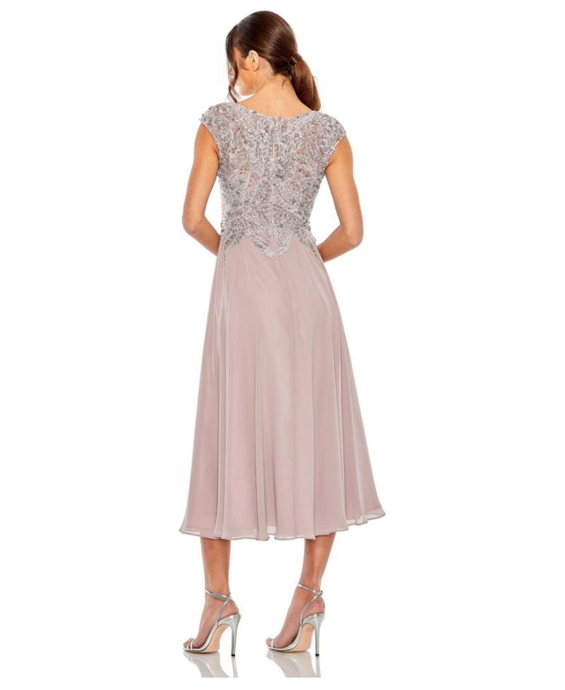 Women's Embroidered Beaded Midi Dress with Cap Sleeves