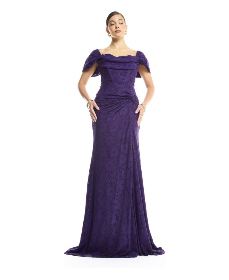 Women's Off-Shoulder Ruched Lace Gown