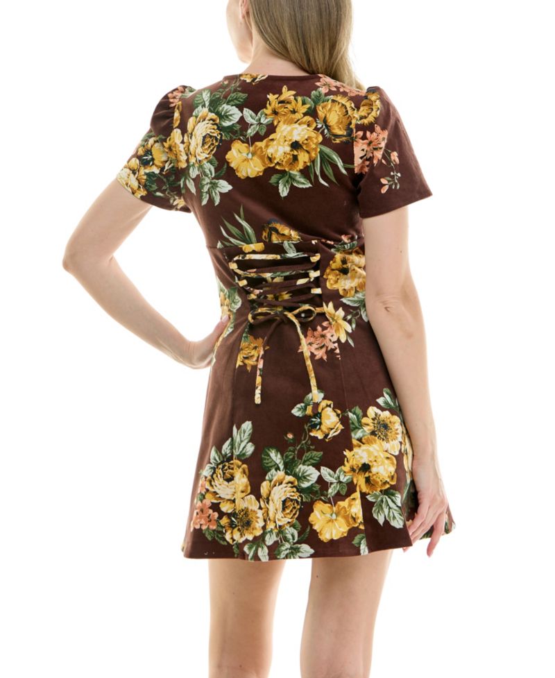 Juniors' Floral V-Neck Lace-Back Corduroy Mini Dress