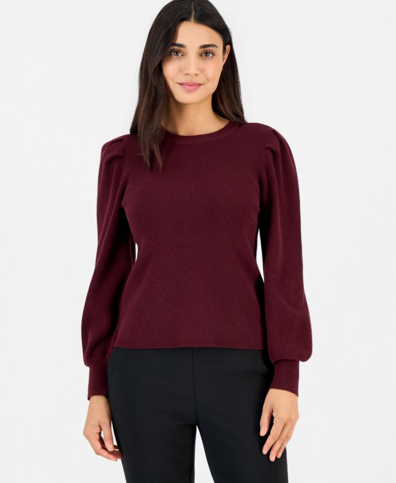 Women's Petite Puff-Sleeve Crewneck Sweater